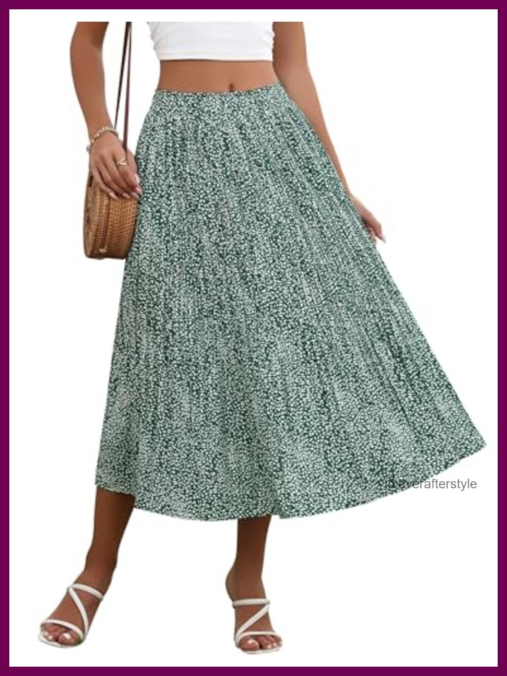 Pleated Midi Skirt High Waisted A-Line Swing Pockets Floral Summer